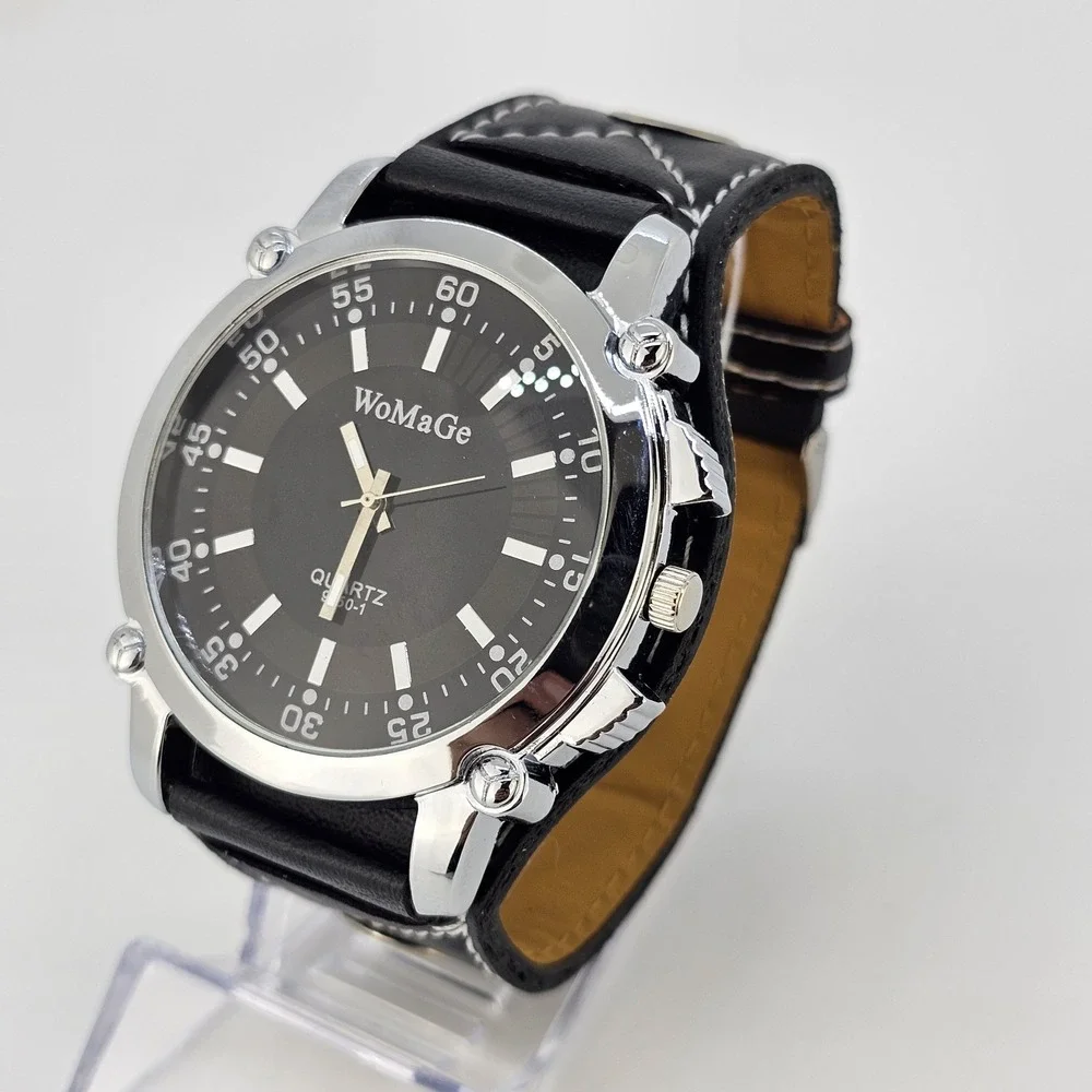 50MM Men's Analog Watch Black Dial Black Faux Wide Leather Bands New Battery
